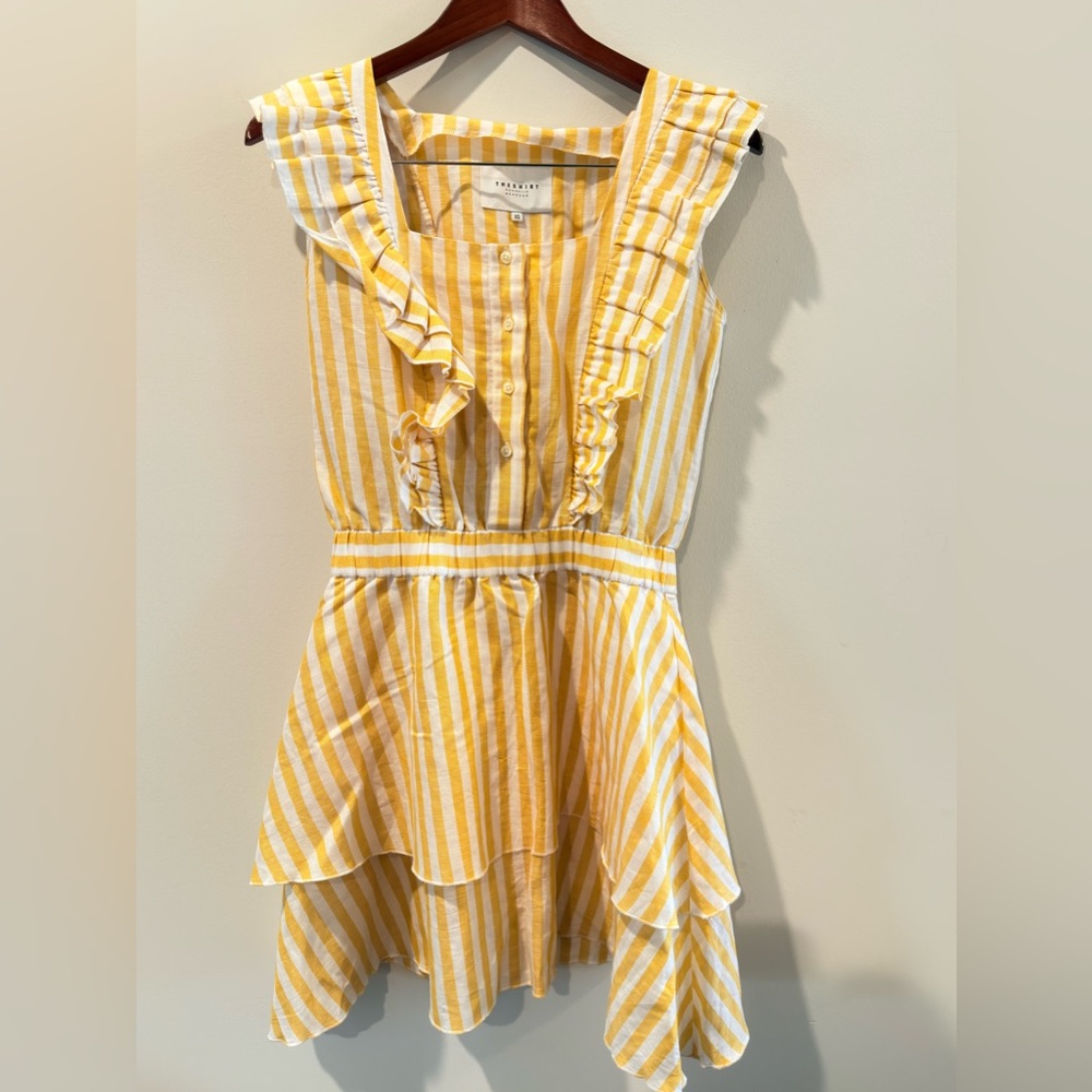The Shirt by Rochelle Behrens Yellow and White Striped Ruffle Mini Dress